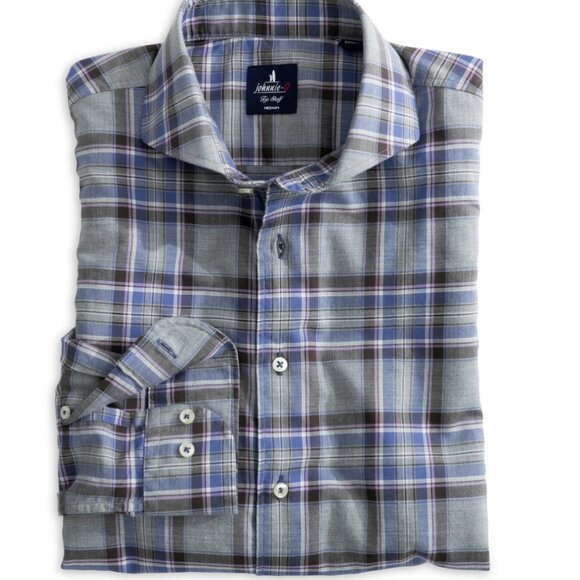 NWOT JOHNNIE-O TOP SHELF HEARST LIGHT GRAY BLUE PLAID BUTTON DOWN SHIRT LARGE - Picture 1 of 7